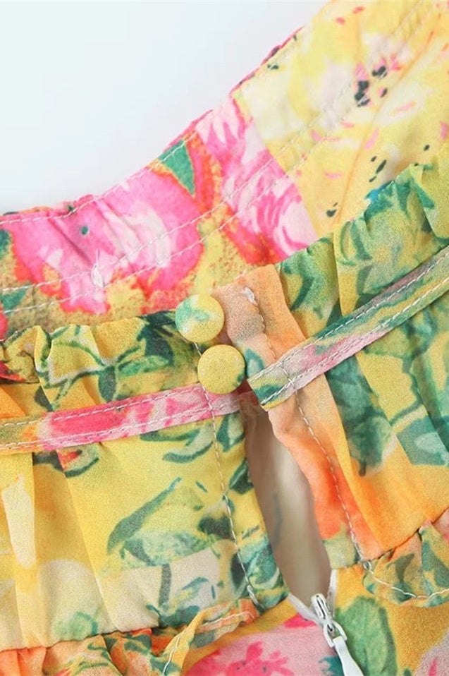 Robe Mini Empire Taille Haute en Chiffon Imprimé Floral