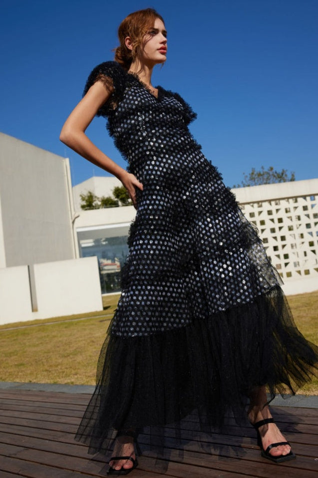Robe Maxi en Tulle à Volants Superposés et Paillettes
