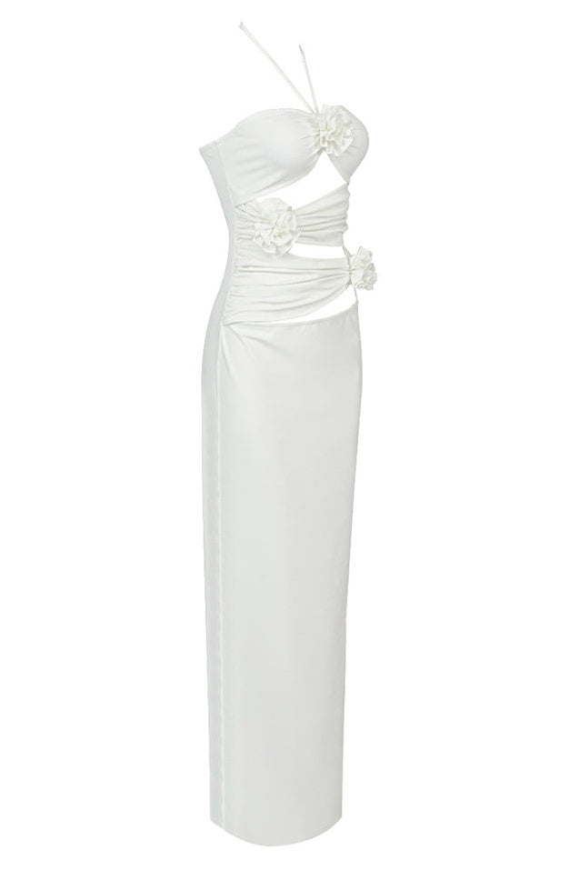Robe Maxi Évasée à Col Halter, Découpes et Fronces