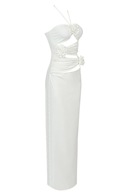 Robe Maxi Évasée à Col Halter, Découpes et Fronces