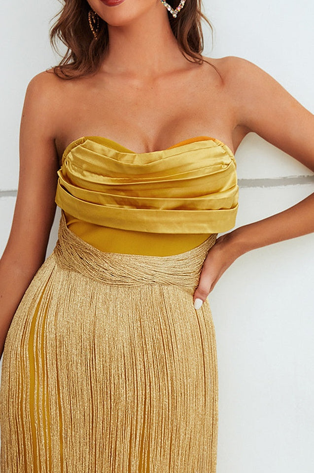 Robe en Soie Jaune à Volants avec Détails Frangés