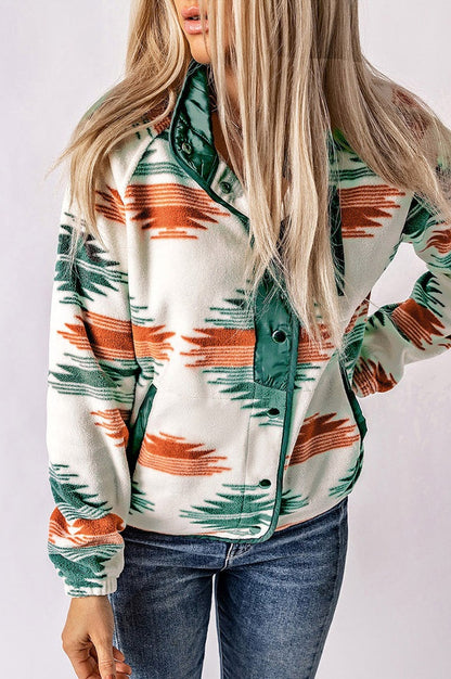 Veste en Fleece à Boutons-pression et Motif Aztèque
