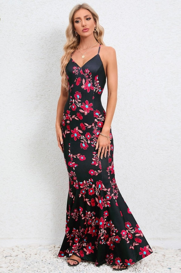 Robe de Soirée Brodée à Bretelles Croisées et Coupe Sirène