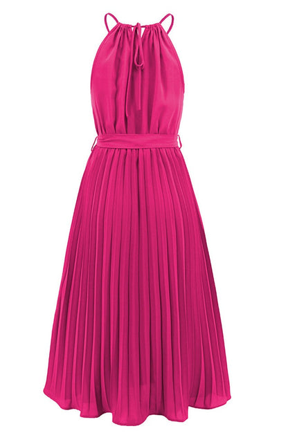 Robe Midi Évasée à Bretelles Spaghetti et Taille Cintrée Plissée