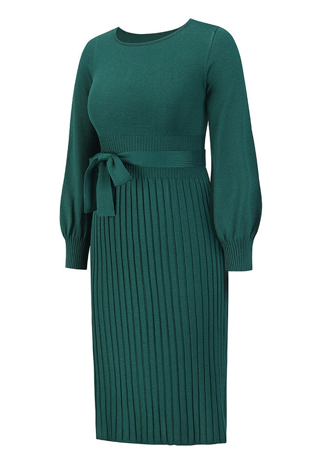 Robe Tricot Épousant à Manches Longues Brodée et Plissée