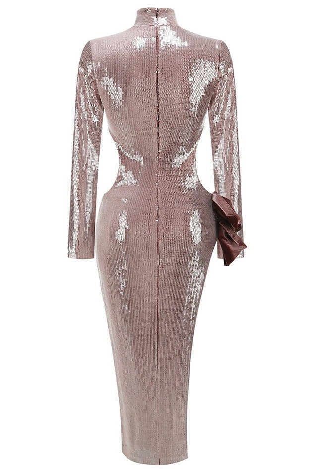 Robe Maxi à Manches Longues Brodée avec Détail Nœud en Sequins