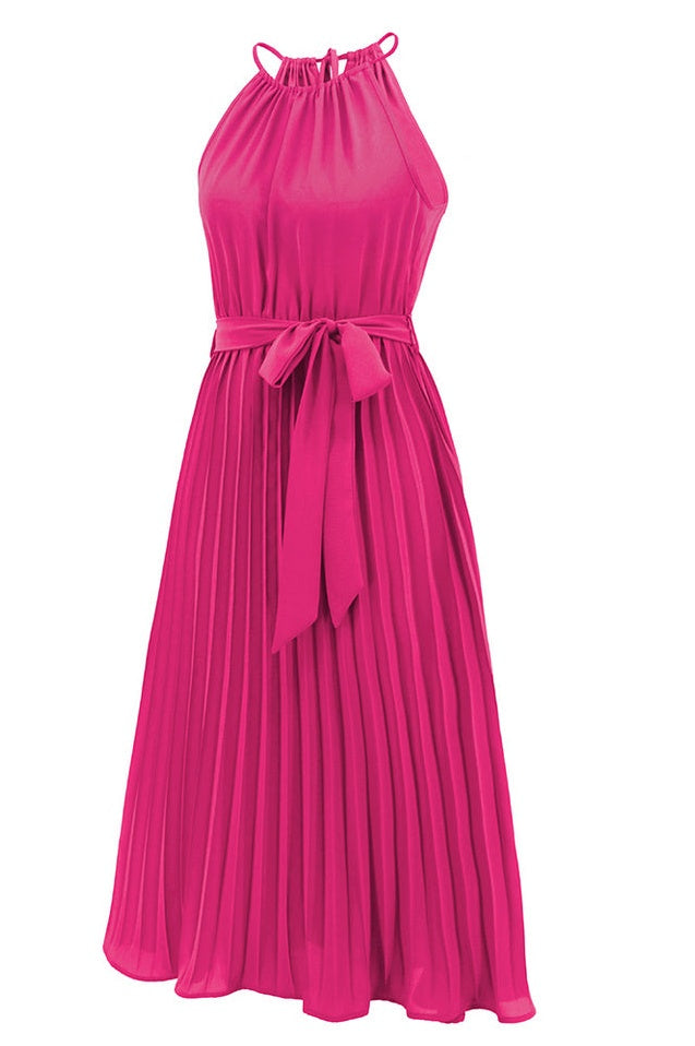 Robe Midi Évasée à Bretelles Spaghetti et Taille Cintrée Plissée