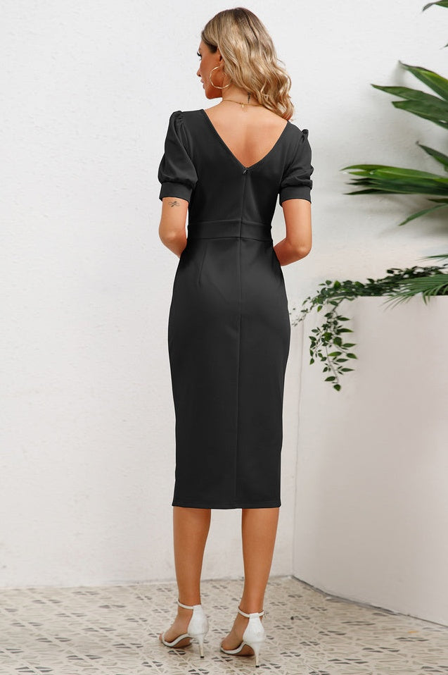 Robe Midi Bodycon à Manches Bouffantes, Volants et Fente