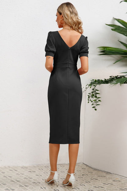 Robe Midi Bodycon à Manches Bouffantes, Volants et Fente