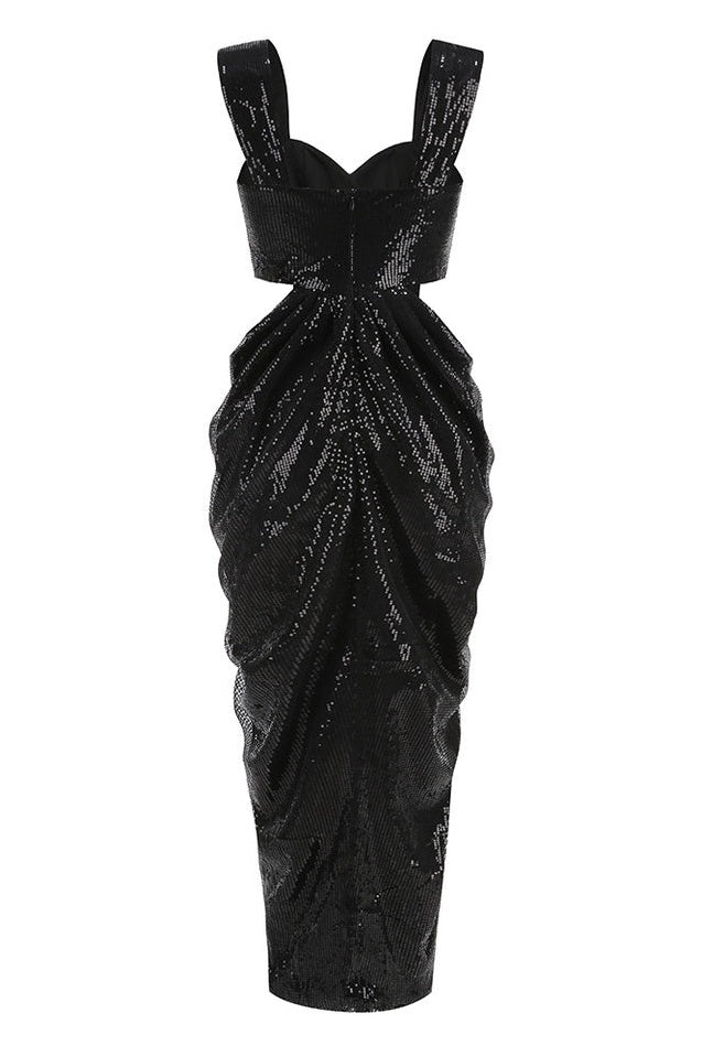 Robe Maxi Brodée à Découpe Rosette en Sequin