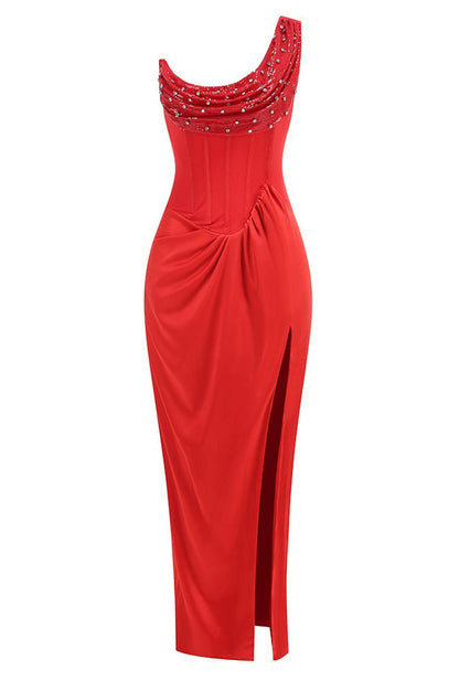 Robe Maxi Bodycon en Satin Rouge Minka