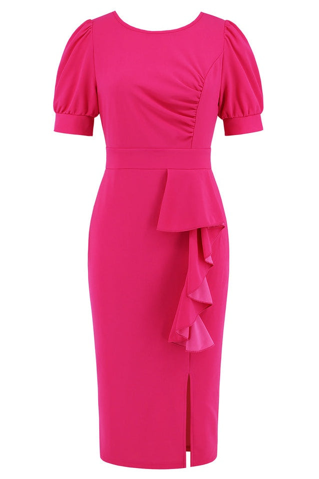 Robe Midi Bodycon à Manches Bouffantes, Volants et Fente