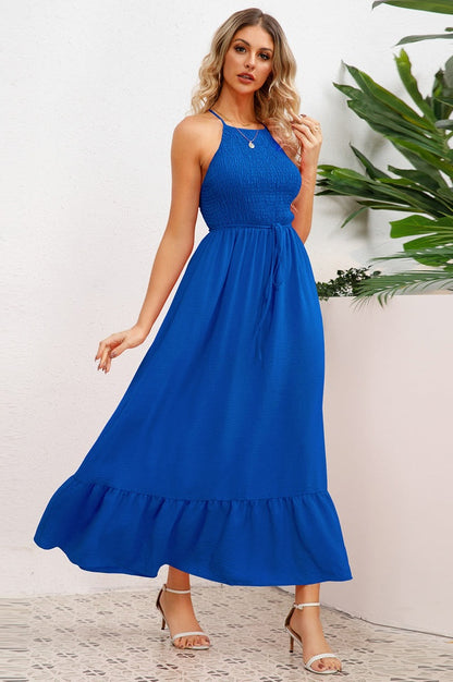 Robe de Cérémonie à Bretelles Spaghetti Croisées et Smockée
