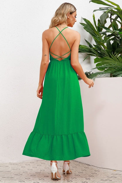 Robe de Cérémonie à Bretelles Spaghetti Croisées et Smockée