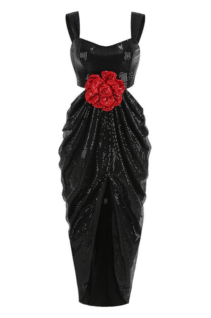 Robe Maxi Brodée à Découpe Rosette en Sequin