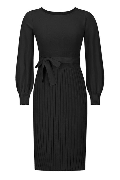 Robe Tricot Épousant à Manches Longues Brodée et Plissée