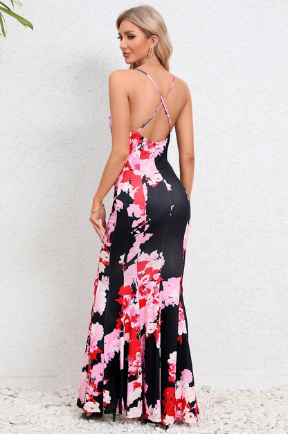 Robe de Soirée Brodée à Bretelles Croisées et Coupe Sirène
