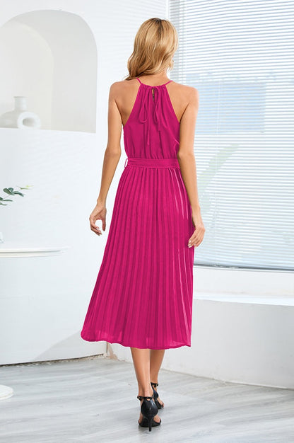 Robe Midi Évasée à Bretelles Spaghetti et Taille Cintrée Plissée
