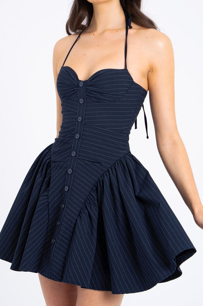 Robe Mini Halter à Taille Basse Brodée à Rayures Mélodie