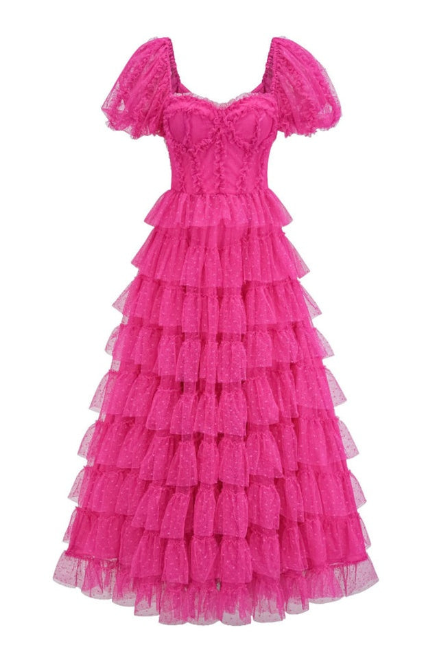 Robe de Cérémonie Évasée à Volants Décolleté Bardot