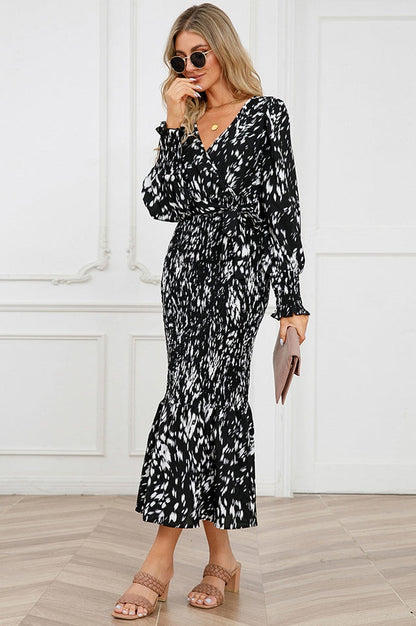 Robe Midi Smockée Imprimée à Col V