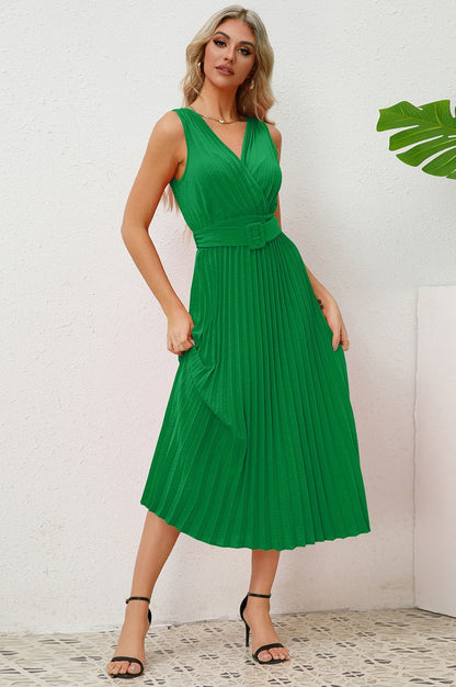 Robe Sans Manches Plissée avec Ceinture
