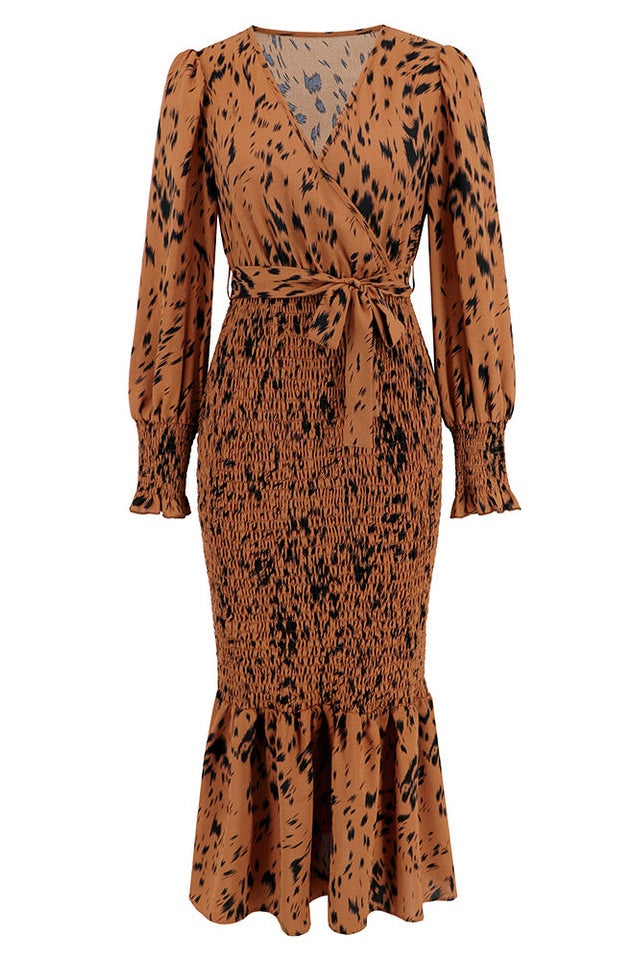 Robe Midi Smockée Imprimée à Col V