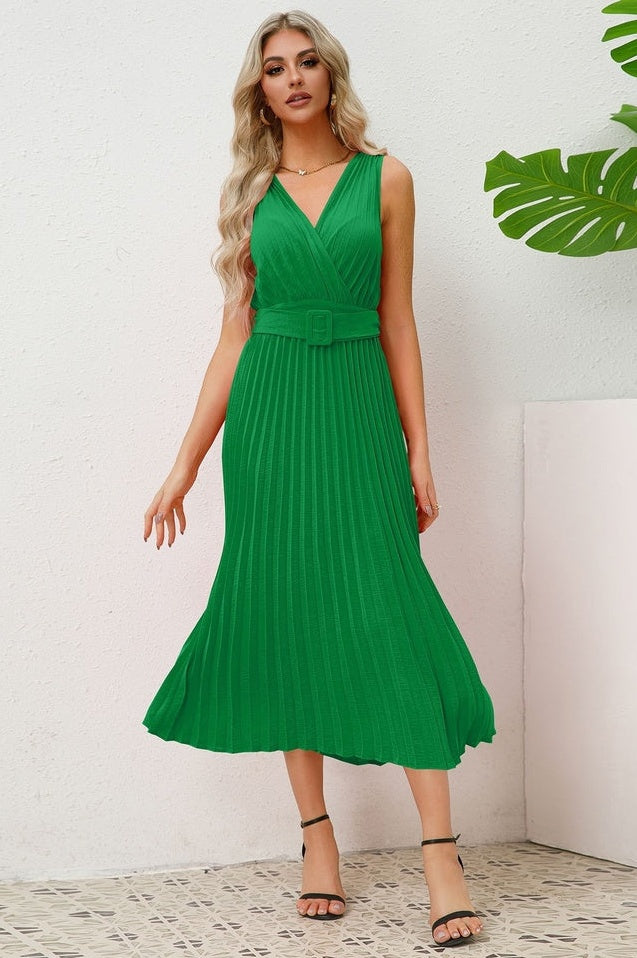 Robe Sans Manches Plissée avec Ceinture