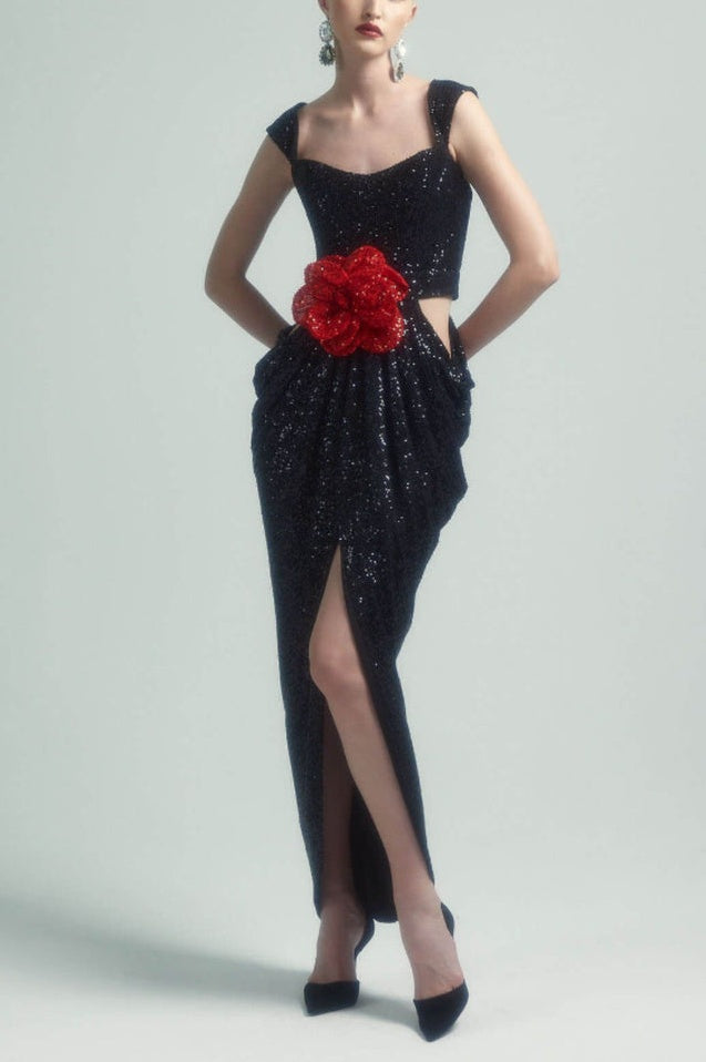 Robe Maxi Brodée à Découpe Rosette en Sequin - Révier Paris