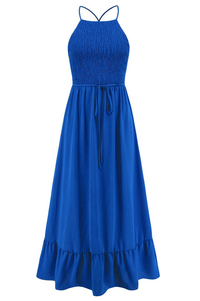 Robe de Cérémonie à Bretelles Spaghetti Croisées et Smockée
