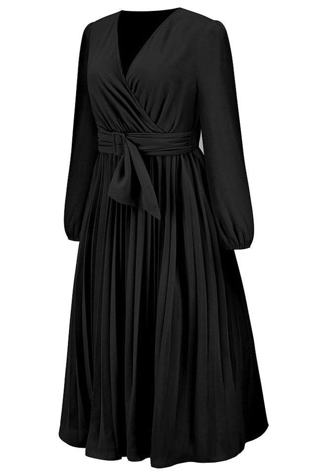Robe V à Col en V avec Ceinture Plissée