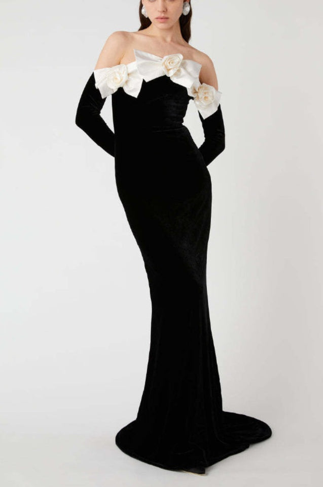 Robe en Velours Duchesse à Bows, Épaules Nues - Révier Paris