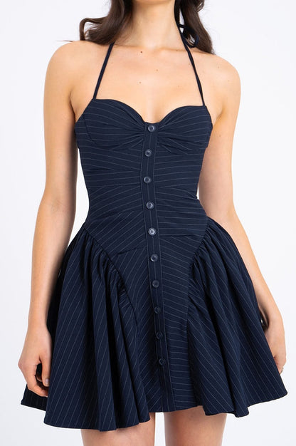 Robe Mini Halter à Taille Basse Brodée à Rayures Mélodie - Révier Paris