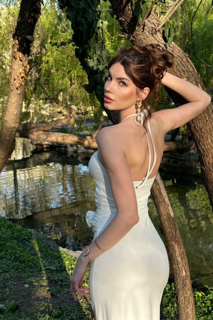 Robe Maxi Évasée à Col Halter, Découpes et Fronces