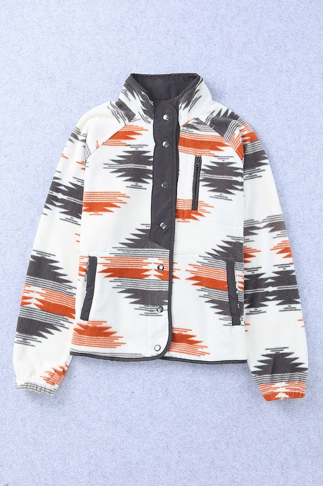 Veste en Fleece à Boutons-pression et Motif Aztèque