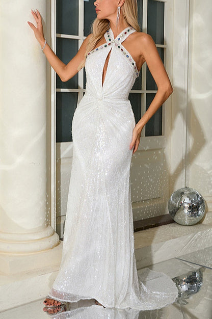 Robe Maxi à Sequin Blanc Bobbie Halter