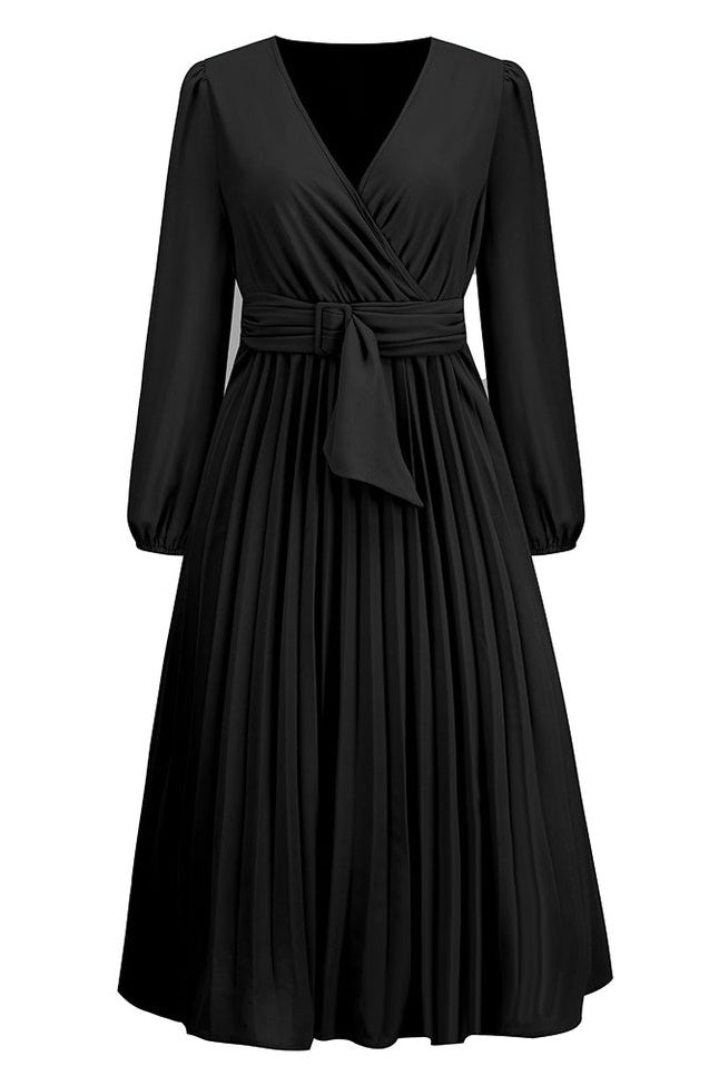 Robe V à Col en V avec Ceinture Plissée