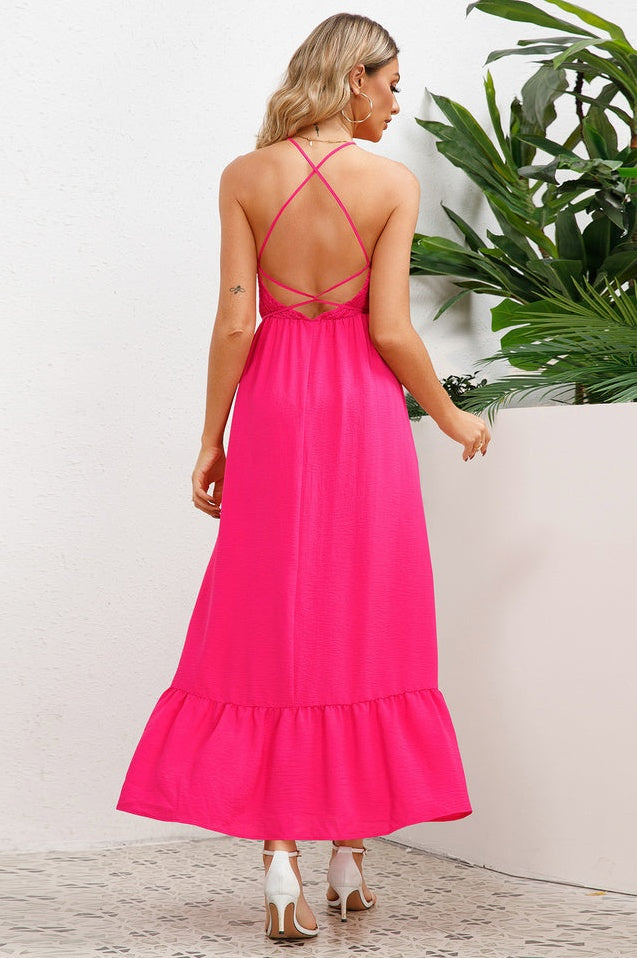 Robe de Cérémonie à Bretelles Spaghetti Croisées et Smockée