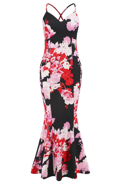 Robe de Soirée Brodée à Bretelles Croisées et Coupe Sirène