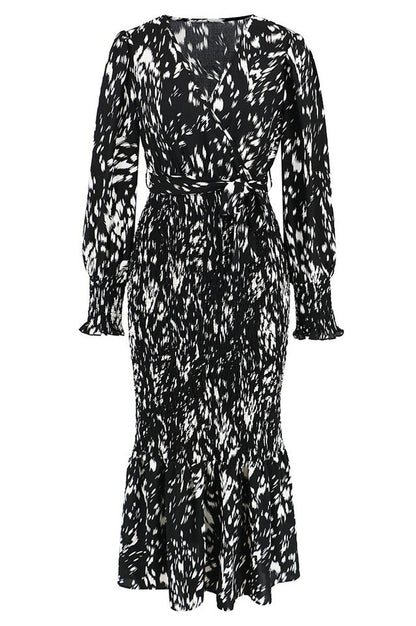 Robe Midi Smockée Imprimée à Col V
