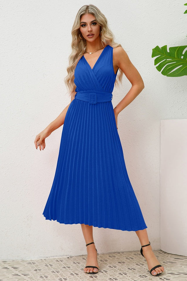 Robe Sans Manches Plissée avec Ceinture