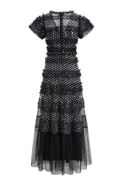 Robe Maxi en Tulle à Volants Superposés et Paillettes