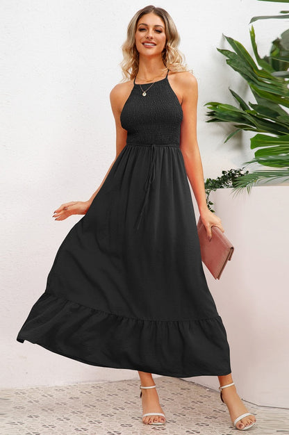Robe de Cérémonie à Bretelles Spaghetti Croisées et Smockée