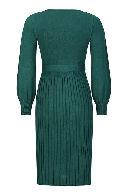 Robe Tricot Épousant à Manches Longues Brodée et Plissée