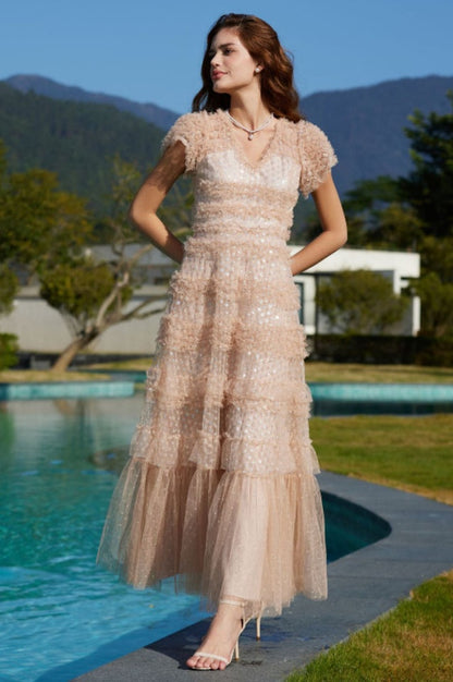Robe Maxi en Tulle à Volants Superposés et Paillettes