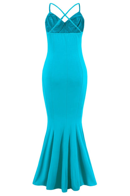Robe de Soirée Brodée à Bretelles Croisées et Coupe Sirène
