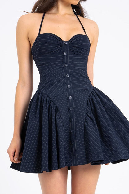 Robe Mini Halter à Taille Basse Brodée à Rayures Mélodie