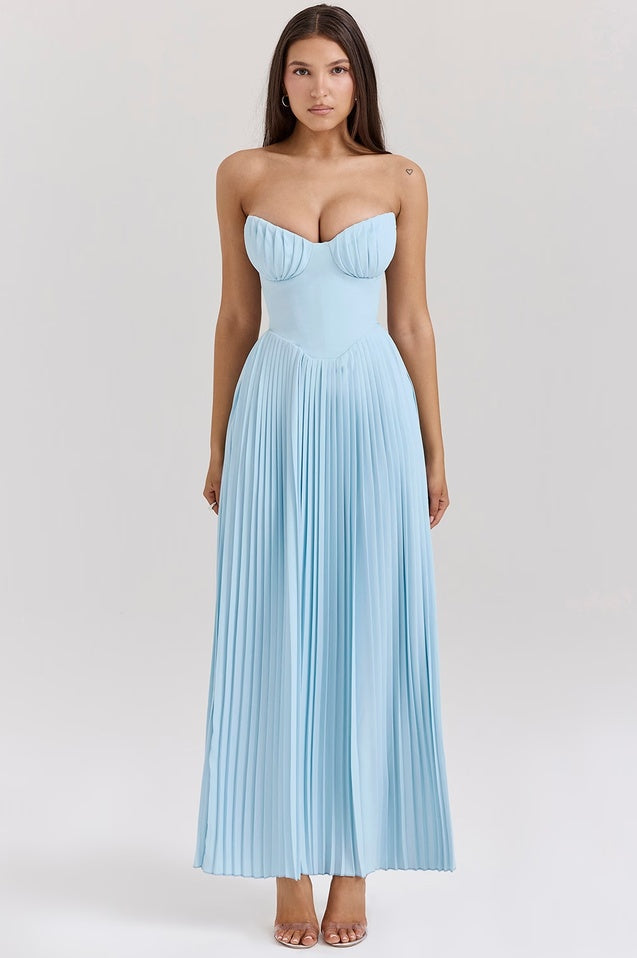 Robe Maxi Plissée Évasée de Luxe en Bleu Océan Marcella - Révier Paris
