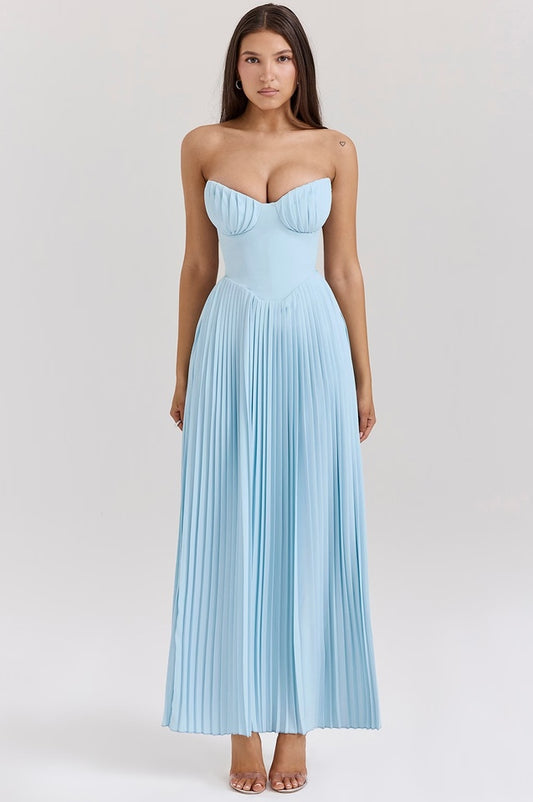 Robe Maxi Plissée Évasée de Luxe en Bleu Océan Marcella - Révier Paris