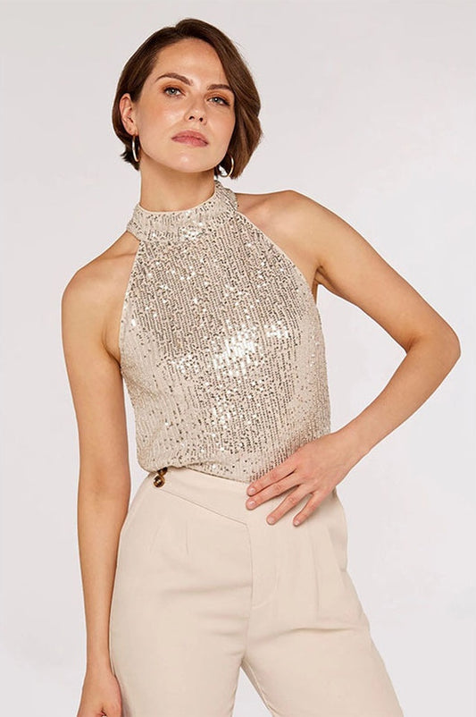 Top Halter Brodé de Sequins Abricot - Révier Paris